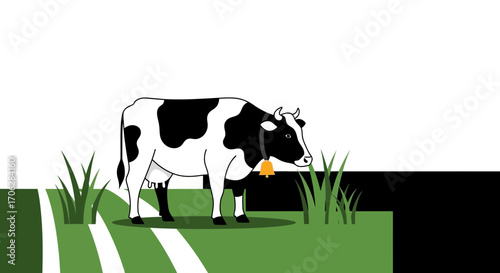 Simple Cow Grazing In Green Meadow Artwork With Bell And Graphic Design