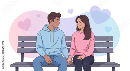 Romantic Couple Holding Hands on Park Bench Surrounded by Heart-Shaped Symbols of Love