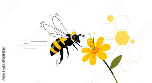 Royal Bee In Flight Approaching Blossom With Honeycomb In Background