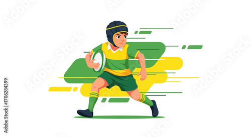 Rugby Player Running With Ball Illustrated With Green And Yellow Artistic Background