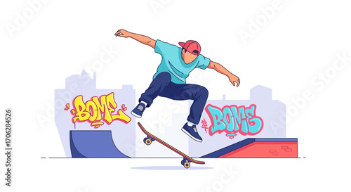 Skateboarder Performing A Trick Over Ramps Surrounded By Graffiti Vector Illustration Design