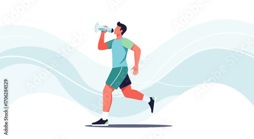 Runner Drinking Water For Hydration, Fitness, And Healthy Lifestyle Vector Illustration