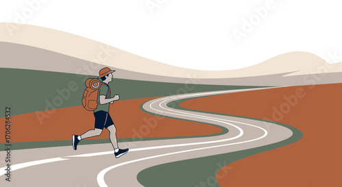 Runner Embarking On A Journey Throught Beautiful Landscape Illustrated In Minimalist Style