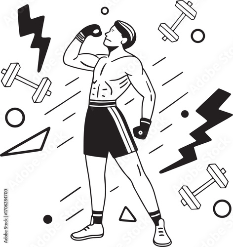 Fit Boxer Celebrating Victory with Dumbbells and Lightning Elements