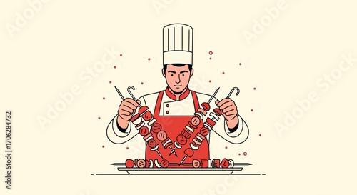 Skilled Chef Presenting Delicious Grilled Kebabs Dish Ideal For Food And Culinary Content