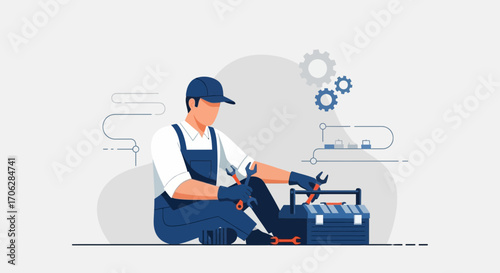 Skilled Mechanic Arranging Tools Ready For Maintenance And Repair Tasks Illustration