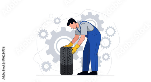 Skilled Mechanic Inspects Tire in a Graphic Illustrative Scene with Gear Motifs