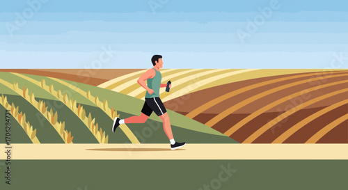 Runner Exercising Outdoors Near Farmland On Track Exercising For Health And Wellbeing