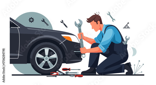 Skilled Mechanic Servicing Automobile Using Wrenches, An Illustration for Auto Repair