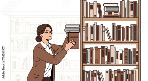 Smart Librarian Arranging Books On Library Shelves With Glasses And Pleasant Expression