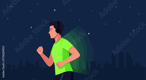 Runner Listening To Music During Night City Exercise Against A Starry Backdrop