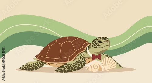 Smart Turtle Wearing Stylish Bow-Tie Relaxing On Beach Next To Seashells