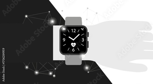 Smartwatch Displaying Heart Rate And Connectivity Set Against Geometric Background