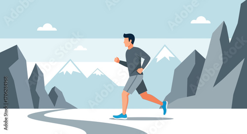 Runner Navigating Trail Towards Distant Mountain Range Under Cloudy Sky Scenery