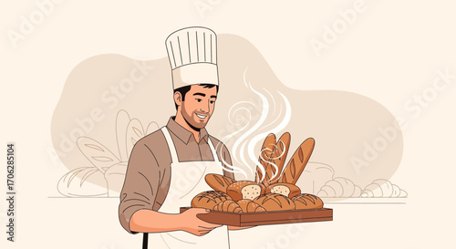 Smiling Baker Displaying Freshly Baked Breads and Pastries in a Professional Kitchen