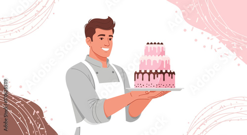 Smiling Baker Holding a Multi-tiered Cake to Present a Tasty Culinary Creation