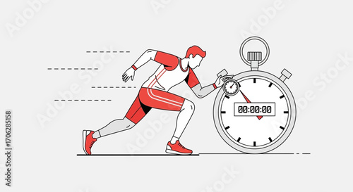 Runner Racing Against Time Beside a Giant Stopwatch Vector Illustration Concept