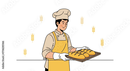 Smiling Baker Holding Tray Of Freshly Baked Bread, Ready For Display And Serving