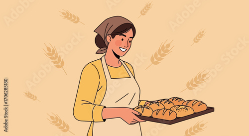 Smiling Baker Holding Freshly Baked Bread: An Illustration of Culinary Craft and Joy