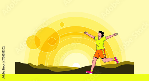 Running Athlete Celebrating Success With Joyful Movement and A Sunny Backdrop