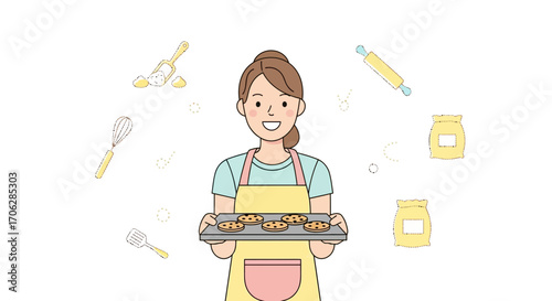 Smiling Baker Presenting Freshly Made Cookies, Bakery, Sweet Treats, Food Illustration