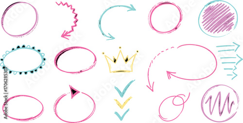 colorful arrows circles and symbols drawn with chalk