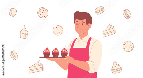 Smiling Baker Presents Delicious Cupcakes and Pastries, Perfect For Bakery Advertising