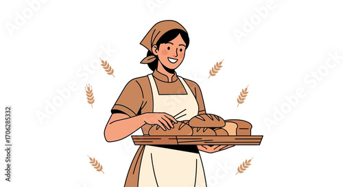 Smiling Baker Presents Freshly Baked Breads on a Wooden Tray, Delivering Deliciousness