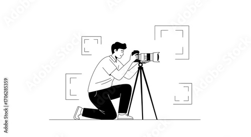 Photographer Focused On Capture, Minimalistic Illustration Photography Concept At Work