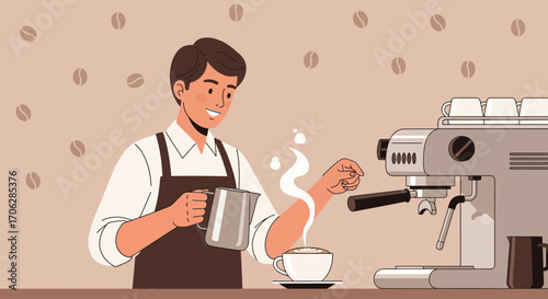 Smiling Barista Crafting Exquisite Coffee, Steaming Beverage, Cafe Atmosphere, Illustration