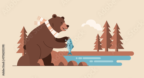 Smiling Bear Holding A Fish Near A River, In A Forest Scene With Trees
