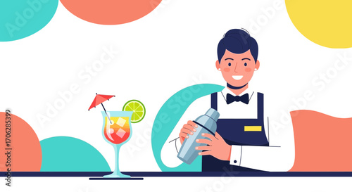 Smiling Bartender Crafting Tropical Cocktails With Shaker And Decorative Elements
