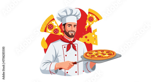 Smiling Chef Presenting a Delicious Pizza on a Metal Spatula, Freshly Baked and Ready