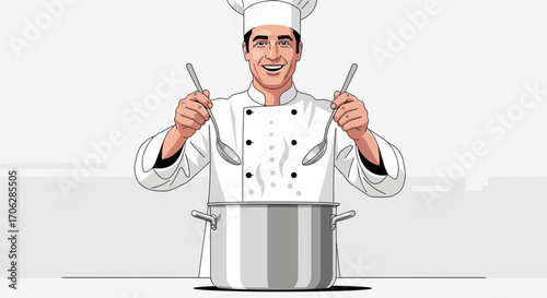 Smiling Chef Holding Spoons Above A Cooking Pot Preparing Delicious Dishes