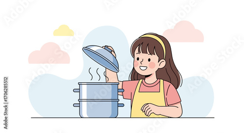 Smiling Chef Reveals Steaming Cookware In A Calm And Appealing Culinary Illustration