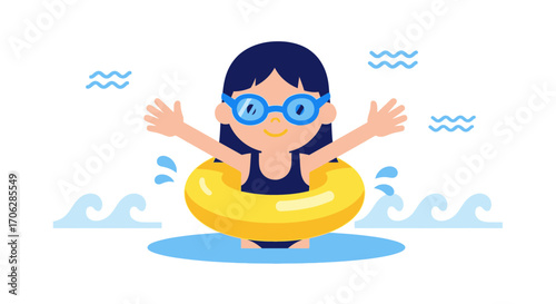 Smiling Child in a Yellow Inflatable Ring Enjoying Summer Water Fun and Recreation