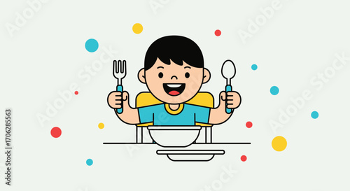 Smiling Child Ready To Eat With Utensils In Hand, Cartoon Illustration, Mealtime Fun.
