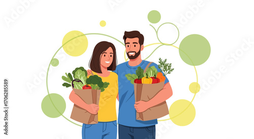 Smiling Couple Carries Groceries, Showing Healthy Lifestyle And Organic Food Choices
