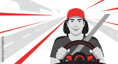 Smiling Driver on a Highway With Speed Lines Depicting Rapid Progression On The Road