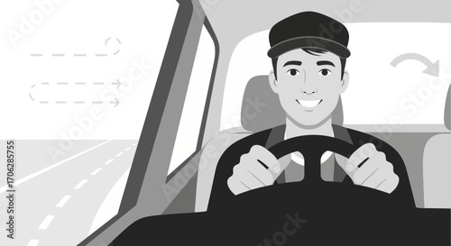 Smiling Driver Behind The Wheel Demonstrating The Principles Of Road Navigation