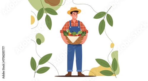 Smiling Farmer Presenting Fresh Vegetables From a Basket Amidst Leaves and Stylish Doodles