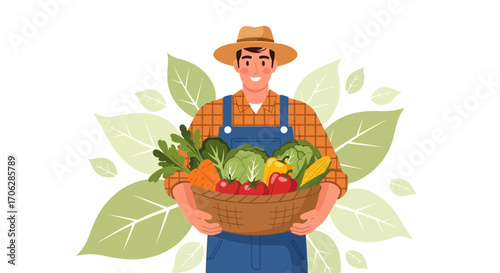 Smiling Farmer Proudly Displays Fresh Harvest in Basket Against a Background of Leaves