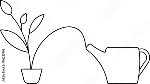 A plant in a pot being watered by a watering can, isolated on white background