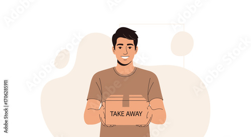 Smiling Man Holding Take Away Box, Illustration, Customer Service, Delivery concept