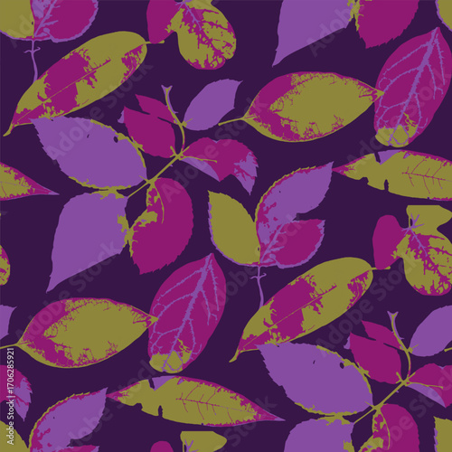 Seamless pattern with dry herbarium leaves in bold vivid colors. Cottagecore foliage wallpaper. Boho botanical texture