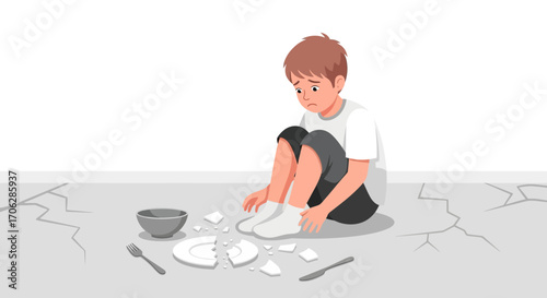 Sad Boy Crying Next To Broken Dishes, Sitting on Cracked Ground, Cartoon Vector