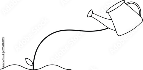 A small sprout in soil being watered by a tilted watering can, isolated on white background