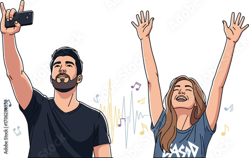 Happy young couple enjoying music, taking selfie with smartphone, dancing and celebrating together, modern lifestyle, fun, joy, social media, technology.