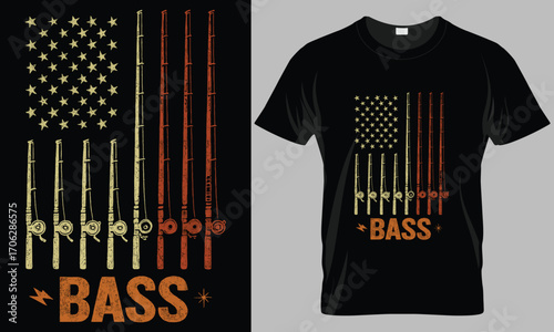 American Flag Made of Fishing Rods with "Bass" T-shirt Design