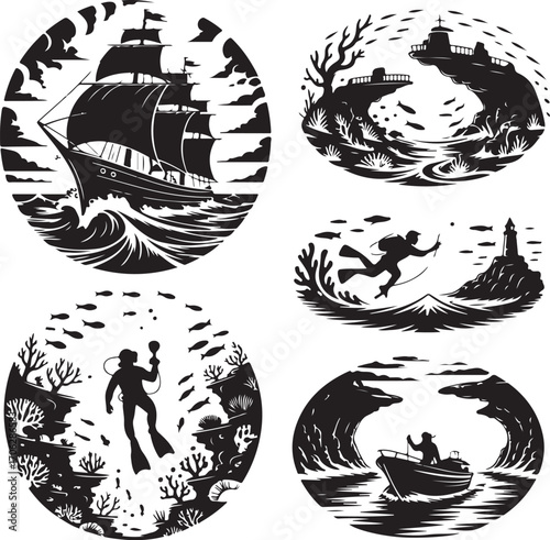 Monochromatic Marine Adventure Vignettes Featuring Ships, Divers, and Underwater Landscapes in Circular Designs Bold Black and White